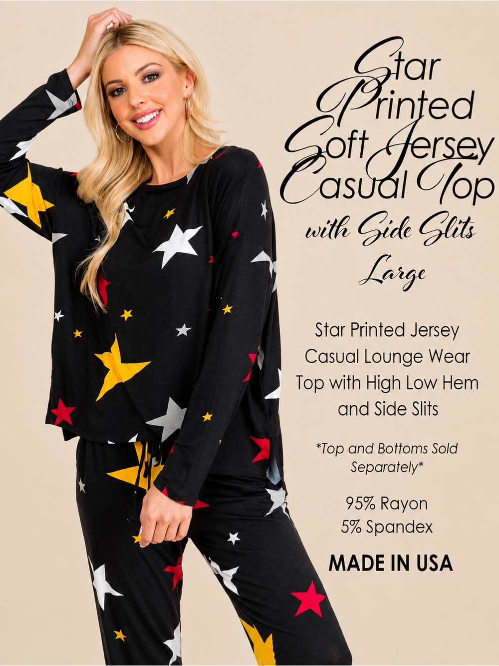 Star Printed SoftJersey Casual Top with Side Slits NEW